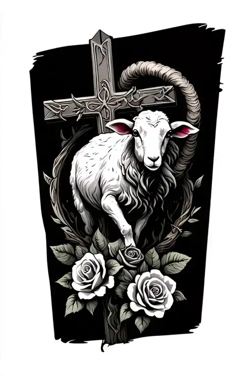 Fear the lamb with roses and a cross intertwined tattoo design idea