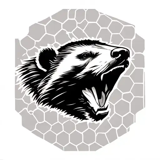 Head of an honey badger with mouth a little bit open on the background of honeycombs tattoo design idea