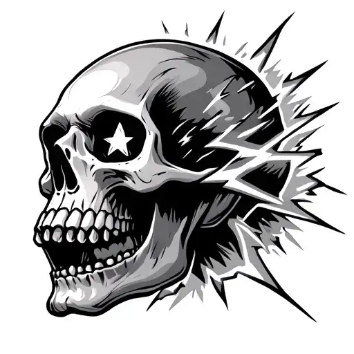 storm cloud, lightning strike into a skull with mouth open, skull has star-shaped eye holes tattoo design idea