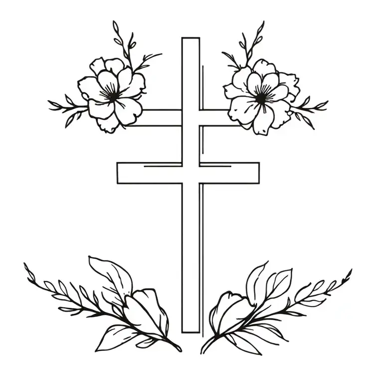 vertical fineline western Christian tattoo with flowers tattoo design idea