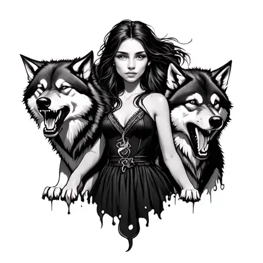 girl surrounded three wolves snarling tattoo design idea