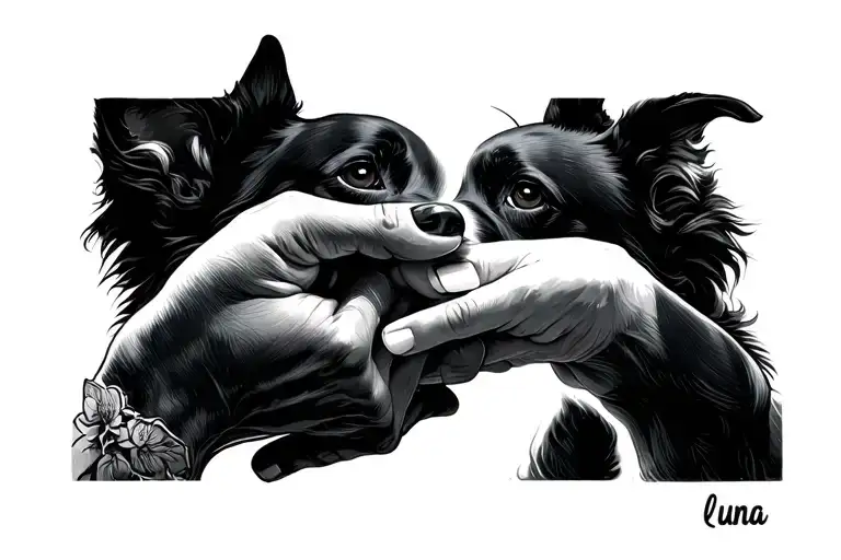 "luna" dog hand holding a human hand tattoo design idea
