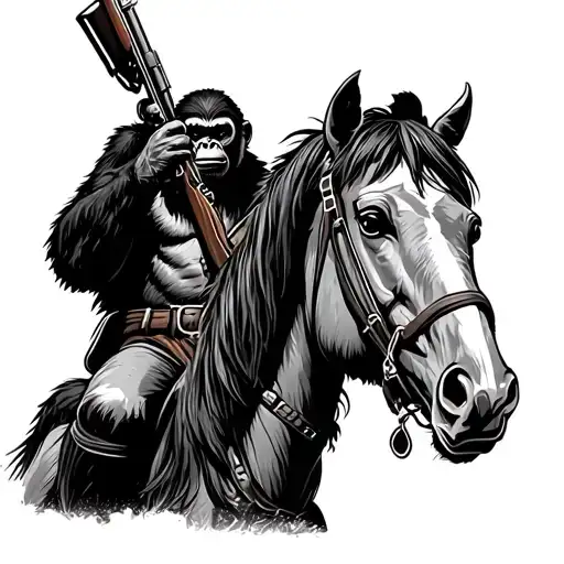 koba from planet of the apes, riding a horse. with a rifle gun in his hand. tattoo design idea