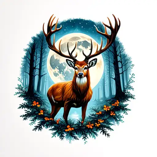 A deer with the moon in this is a piece puzzle forest tattoo design idea