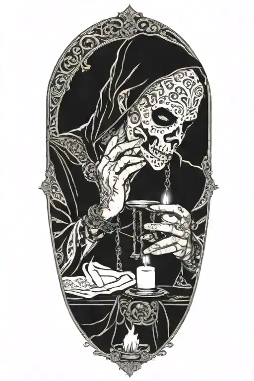 Masked male cultist performing ritual, jewelry, tarot cards, candles tattoo design idea