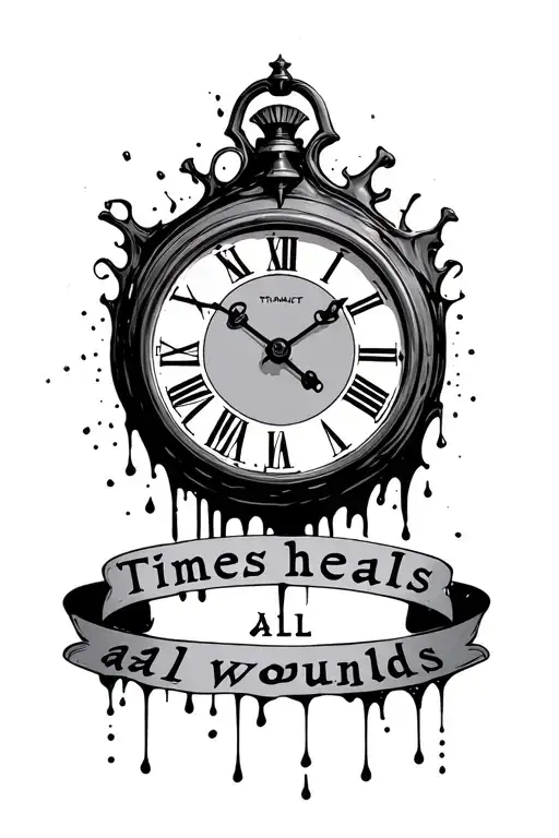 melting clock face with Roman numeral numbers; with "times heals all wounds" arched over top tattoo design idea