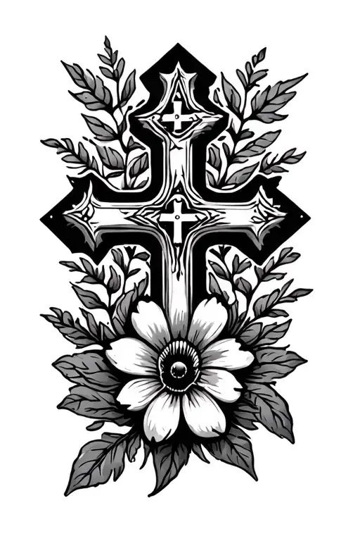 mexican hand lettering style, spider crawling from web, mature flowers, christian cross tattoo design idea