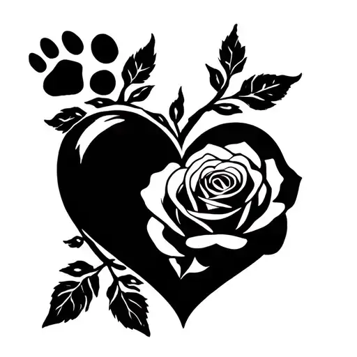 heart with rose intertwined and dog paw print minimalistisch tattoo design idea