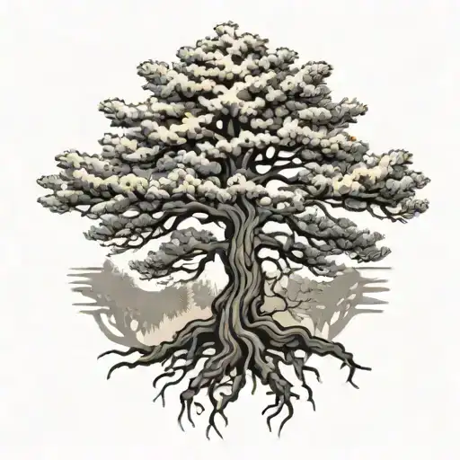 winter pine tree with roots tattoo design idea