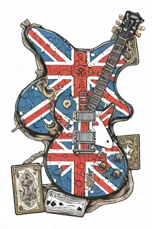 union jack epiphone les paul guitar with playing cards tattoo design idea