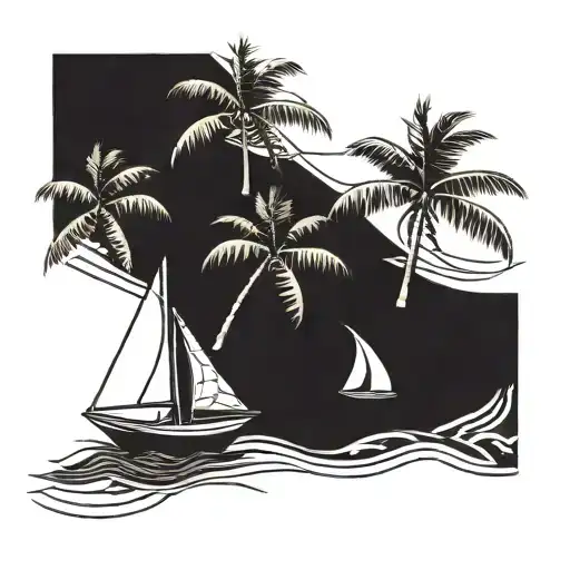 coconut and frangipani and sailboat sailing tattoo design idea