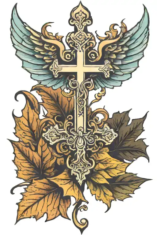 fall leaf with a cross with wings tattoo design idea