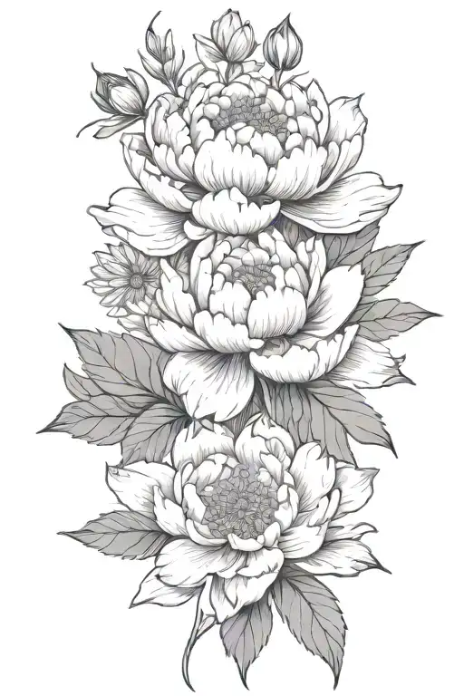 peony, daisy, lotus, myosotis, simple, spaced tattoo design idea