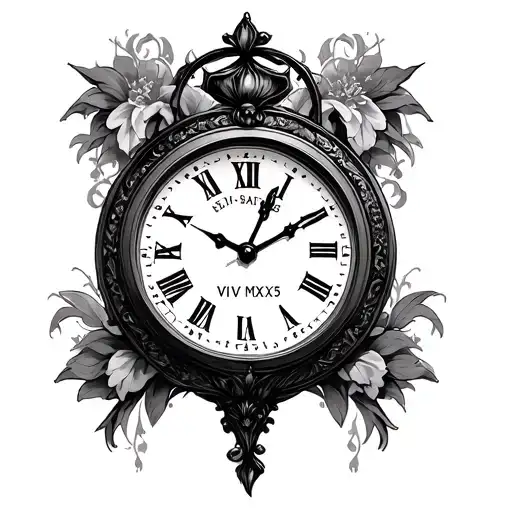 lilah with a clock that reads 4:15 and the date IV VI MMXXV tattoo design idea