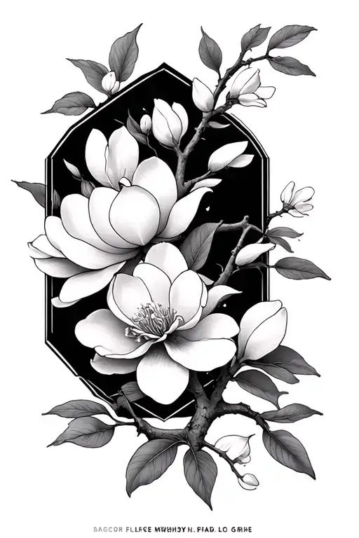 magnolia and cherry blossom branch in fine line tattoo with octagons and travel themes with multiple geometric sections tattoo design idea