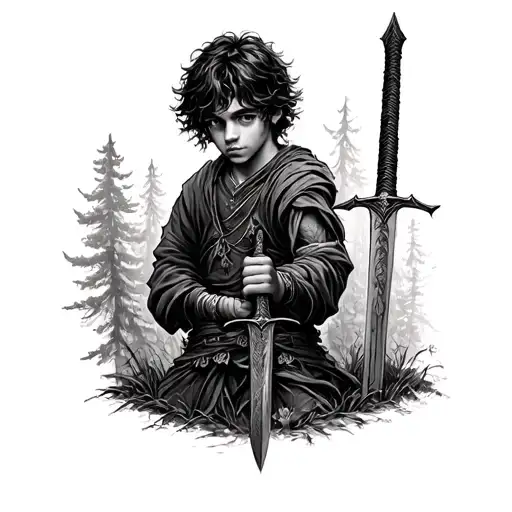 The Lost Boy in the forest holding a sword  tattoo design idea
