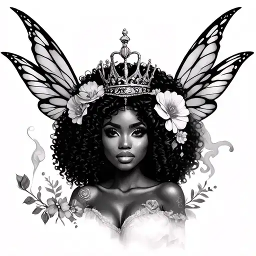 Fairy black curvy queen -Afro hair, fairy wings, queen crown, flowers (no roses), lips with smoke coming out of mouth tattoo design idea