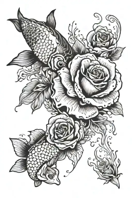 rose and koi fish transforming tattoo design idea