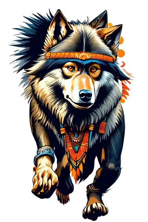 Aztec monkey and wolf running tattoo design idea