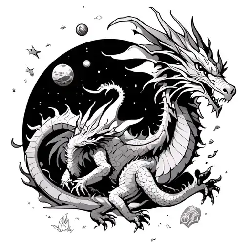 feminine dragon flying low in the sky with space stretching above him and fantasy items floating around tattoo design idea