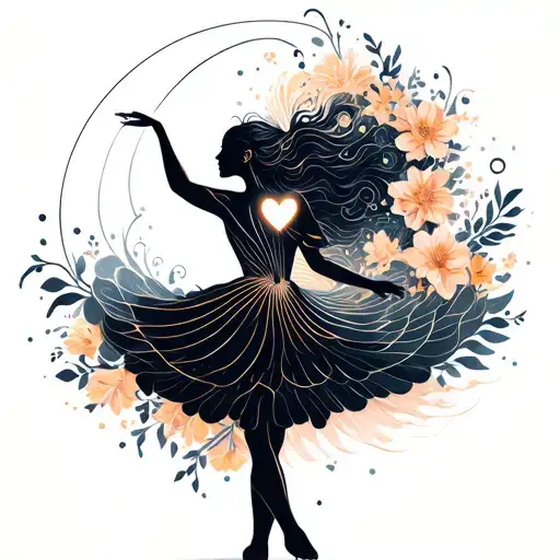 A dancer and part of her body transform into soft waves and flowers as she dances, and a glowing heart in her center  tattoo design idea