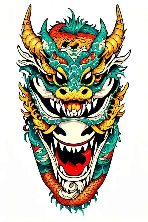 A traditional Japanese mask with intricate snake and dragon motifs, representing the balance between good and evil tattoo design idea