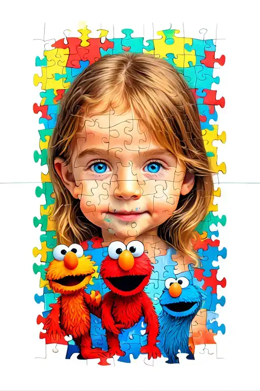 Girl with Autism, with Elmo de Plaza Sesamo and Gruu in context of puzzles tattoo design idea