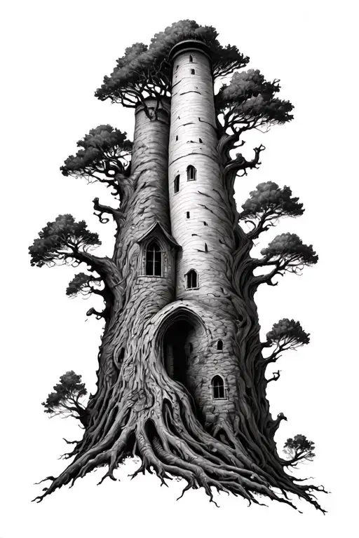 past present future trees towers pyrimands tattoo design idea