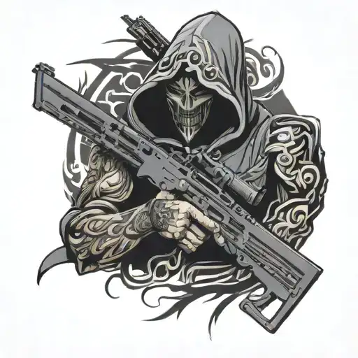 wicked hooded Guam Yu holding a rifle tattoo design idea