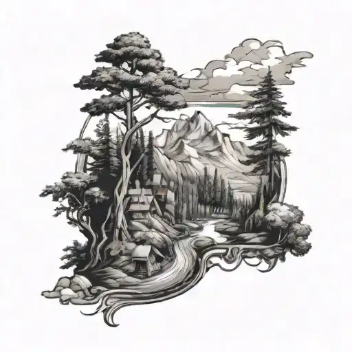 a narrow band around the upper arm. it shows landscapes from middle earth, a hobbit hole, mountains, forests, river.  tattoo design idea