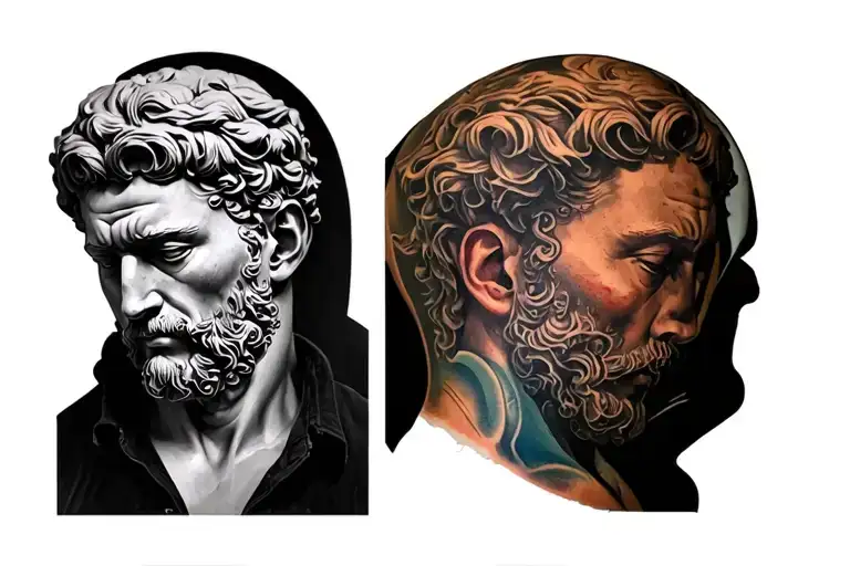 Realism tatoo with a stoic bust who's head is shows subconsious expansion tattoo design idea