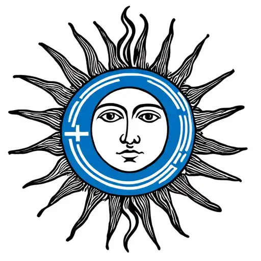the sun from the Uruguayan flag with the face and the Greek meander in the inside in between the face and the flames tattoo design idea