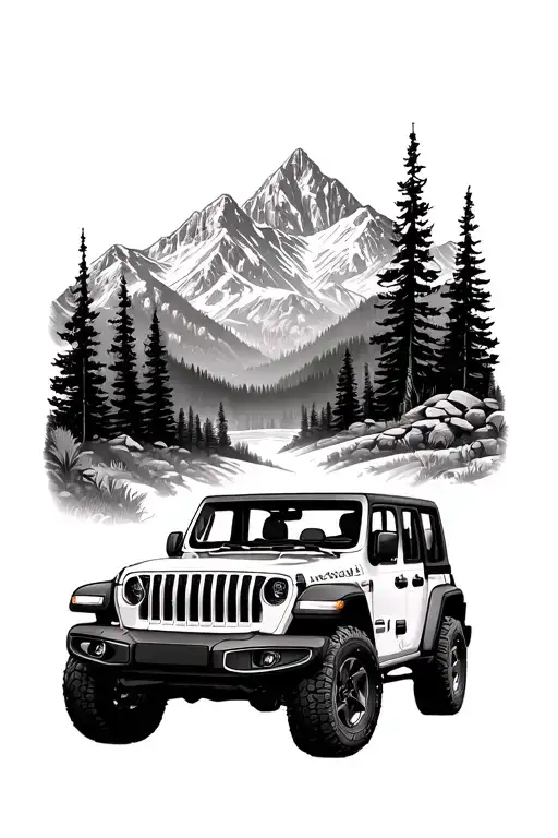 topless jeep wrangler 4 door in wilderness and mountains scene tattoo design idea