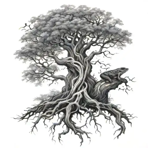 A detailed black and grey tattoo of a majestic tree with intricate roots and branches, incorporating small frogs hidden within the design tattoo design idea