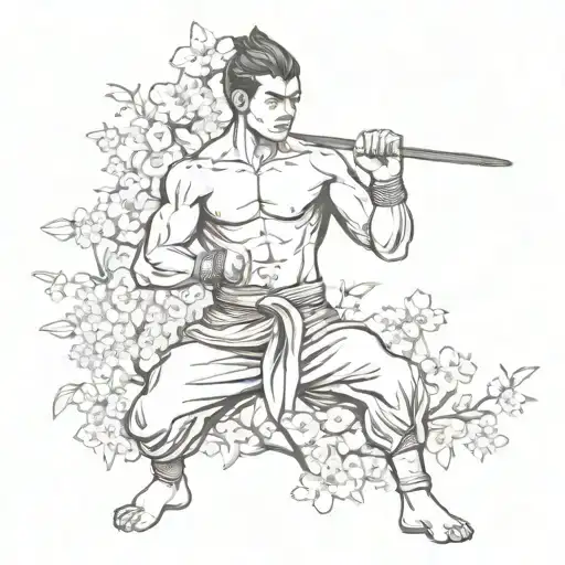 A warrior in a traditional Muay Thai stance surrounded by cherry blossoms tattoo design idea