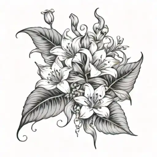 morning glory, snowdrop, cosmos , holly , waterlily and lily of valley  tattoo design idea