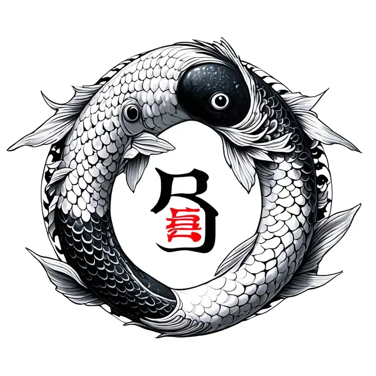Chinese letters in center, two koi fish on sides in yin-yang shape. Black and grey, no dragon, spine tattoo tattoo design idea