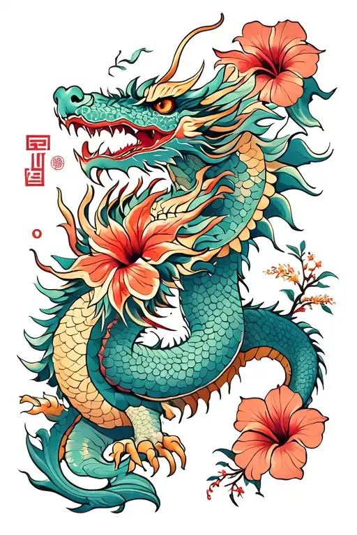 A Korean dragon surrounded by hibiscus flowers tattoo design idea