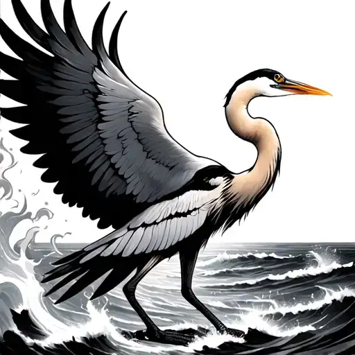 Heron, screeching to the sky, wings upwards and aflame, gust of wind in the left of the picture, sea to the right tattoo design idea