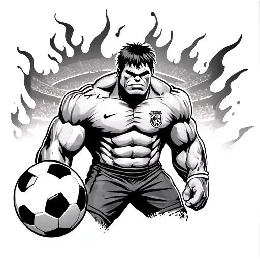 The Hulk dc character with futebol Clube do Porto football kit with stadium as background and flames realistic  tattoo design idea