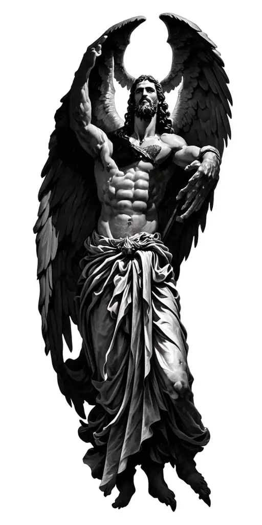I want a full-sleeve black and grey realism tattoo that illustrates the biblical fall of Lucifer after the war in Heaven tattoo design idea