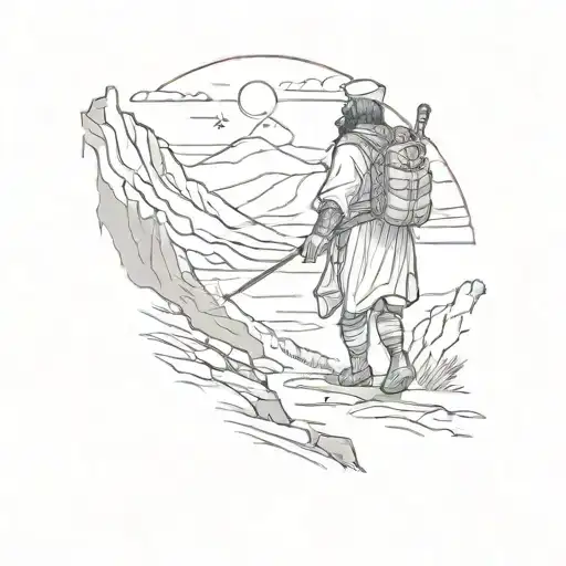 A sketch of an ancient Persian warrior hiking through a mountainous landscape while listening to a podcast tattoo design idea