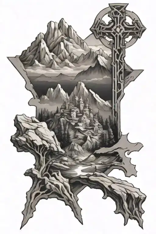 St. Cristopher crosses mountains panorama tattoo design idea