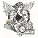 A tattoo design featuring a stack of money, a luxury watch, and a beautiful woman, all intertwined with elements of Greek mythology such as a Greek goddess or mythical creature tattoo design idea