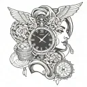 A tattoo design featuring a stack of money, a luxury watch, and a beautiful woman, all intertwined with elements of Greek mythology such as a Greek goddess or mythical creature tattoo design idea