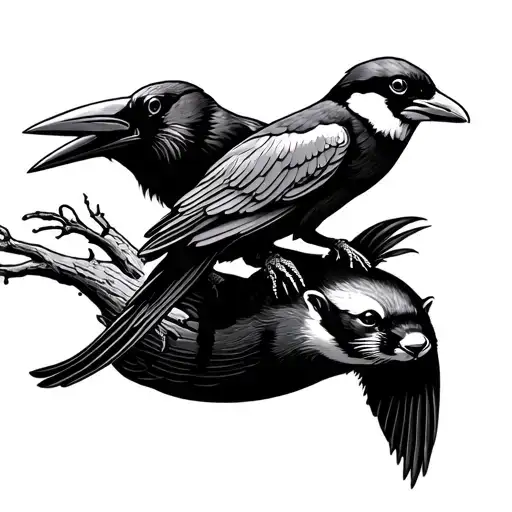 raven, woodpecker, and otter swimming tattoo design idea