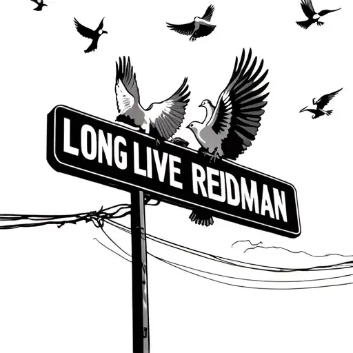 "LONG LIVE REDDMAN" doves flying into the sunset over a ghetto neighborhood with the street sign that sayd 65th st tattoo design idea
