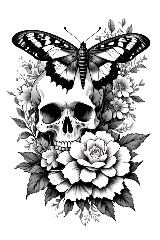 skull floral with moth tattoo design idea