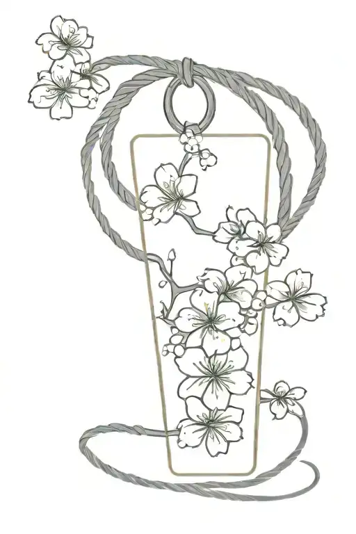 omamori rope, ring, cherry blossom around tattoo design idea