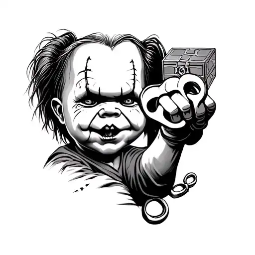 A tattoo of Chucky holding brass knuckles with pinhead's puzzle box in the background tattoo design idea